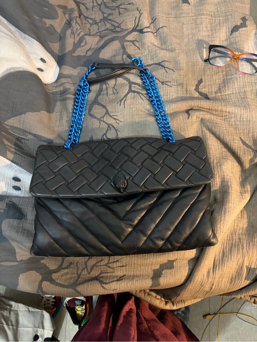Kurt Geiger Black Quilted Shoulder Bag with Blue Chain Strap